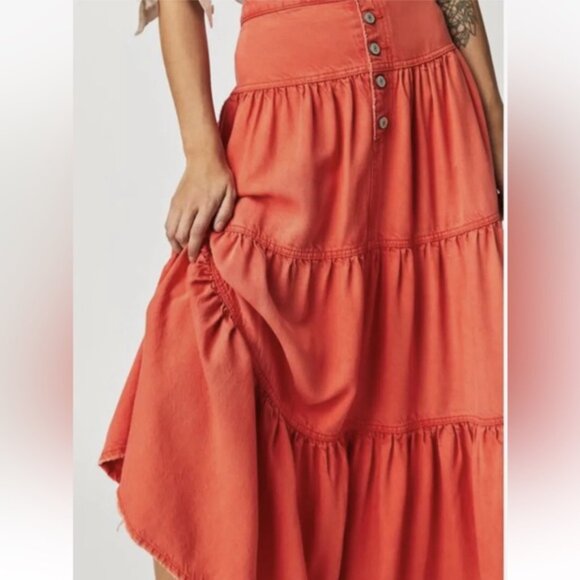 Free People We The Free Denim Dreamweaver Tiered Maxi Skirt Fire Orange - Picture 2 of 8